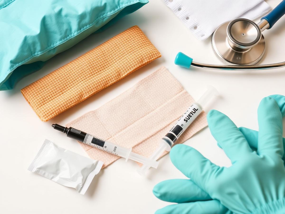 Medical supplies arranged on a clean surface